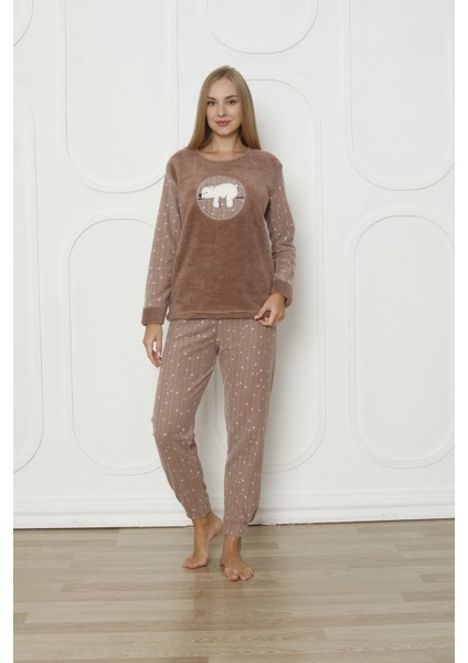 Fawn 3312 Peluş Welsoft Polar Kışlık Yumoş Uyuyan Ayılı Kadın Pijama Takımı