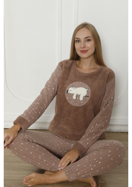 Fawn 3312 Peluş Welsoft Polar Kışlık Yumoş Uyuyan Ayılı Kadın Pijama Takımı