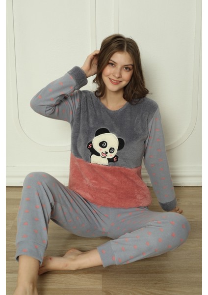 Fwn 04-3308 Peluş Welsoft Polar Kışlık Yumoş Pandalı Kadın Pijama Takımı