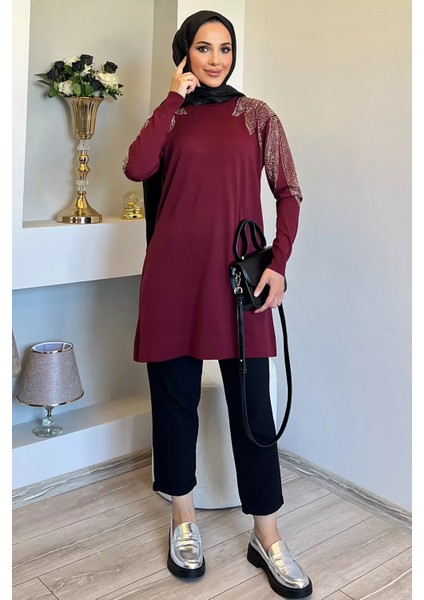 Omuz Taşlı Tesettür Triko Tunik