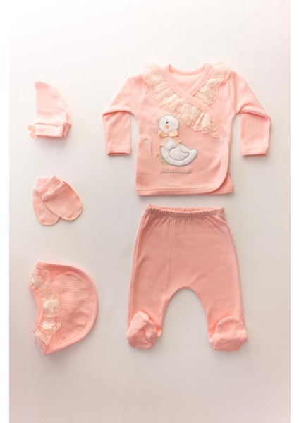 Unisex 5 Parça Pamuk Ördek Desenli Dantelli Organik Pembe Hastane Çıkışı