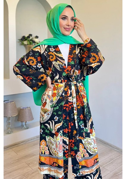 Desenli Tesettür Visk Kimono Ikili Takım