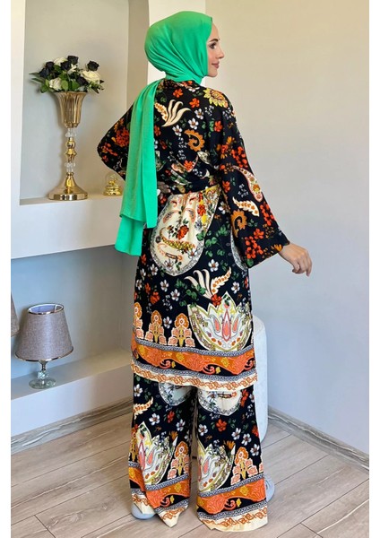 Desenli Tesettür Visk Kimono Ikili Takım