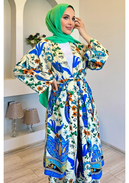 Desenli Tesettür Visk Kimono Ikili Takım