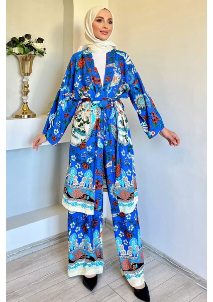 Desenli Tesettür Visk Kimono Ikili Takım