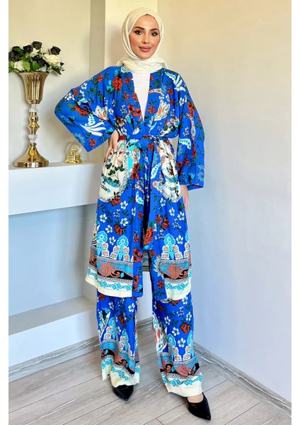 Desenli Tesettür Visk Kimono Ikili Takım