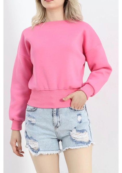 Bisiklet Yaka 3 Iplik Crop Sweat Pembe - 20968.1878.