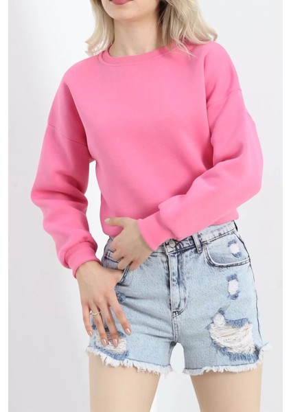 Bisiklet Yaka 3 Iplik Crop Sweat Pembe - 20968.1878.