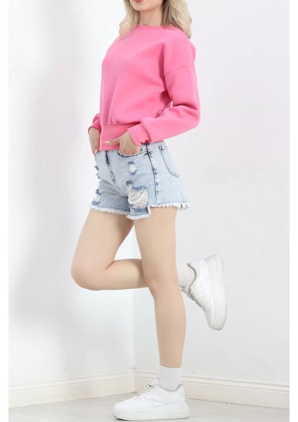 Bisiklet Yaka 3 Iplik Crop Sweat Pembe - 20968.1878.