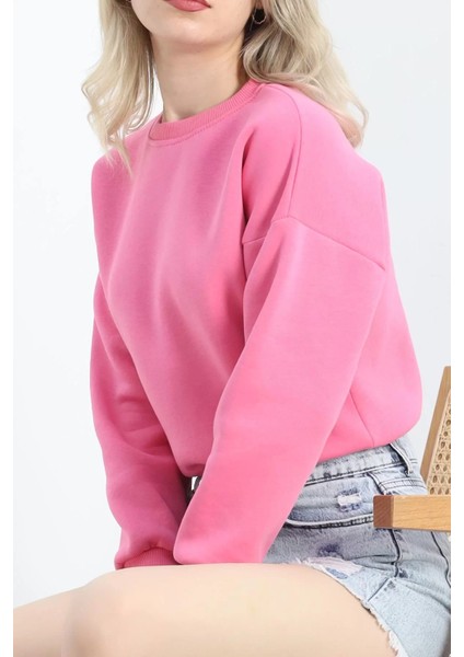 Bisiklet Yaka 3 Iplik Crop Sweat Pembe - 20968.1878.