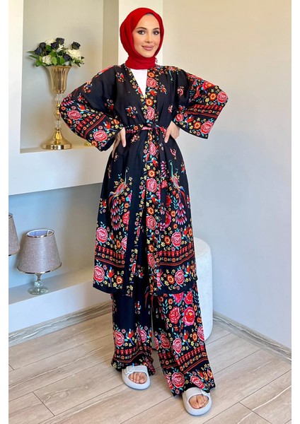 Desenli Tesettür Visk Kimono Ikili Takım