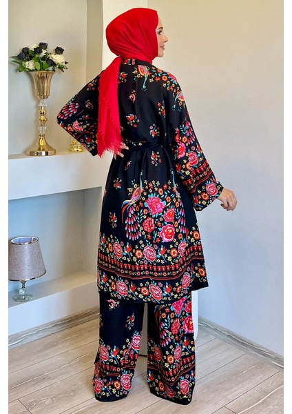 Desenli Tesettür Visk Kimono Ikili Takım