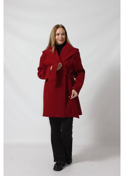 Kuşaklı Yandan Bağlama Detaylı Kapüşonlu Kaşe Kaban fiyatları