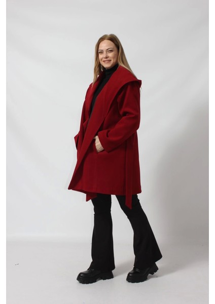 Kuşaklı Yandan Bağlama Detaylı Kapüşonlu Kaşe Kaban fırsatları