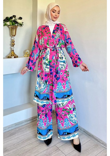 Desenli Tesettür Visk Kimono Ikili Takım fiyatları