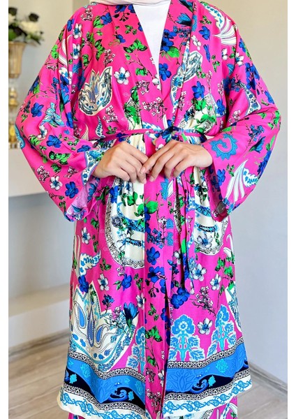 Desenli Tesettür Visk Kimono Ikili Takım modelleri