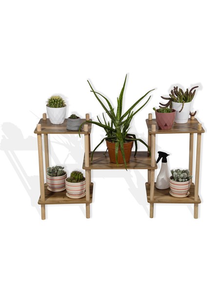 Dekoratif Raflı Ahşap Çiçeklik Saksı Standı Saksılık, Bahçe Balkon Rafı, No3