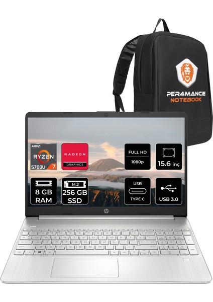 15S-EQ2000NT Amd Ryzen 7 5700U 8gb 256GB SSD 15.6" Fhd Fdos Taşınabilir Bilgisayar & Per4 Çanta 4H0J2EAPN301