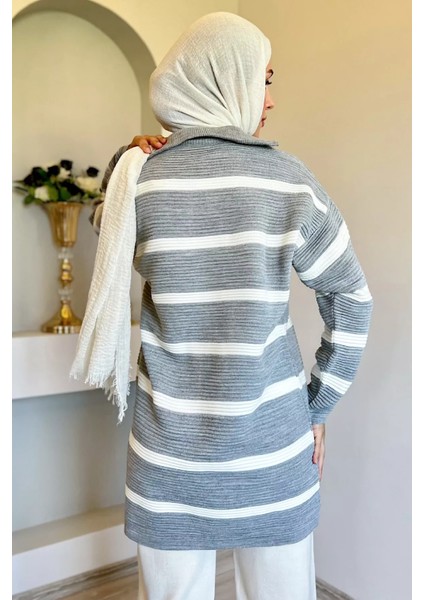 Yarım Fermuarlı Çizgili Tesettür Triko Tunik