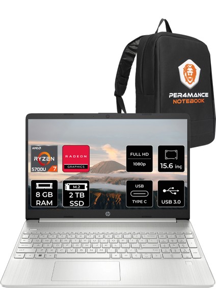 15S-EQ2000NT Amd Ryzen 7 5700U 8gb 2tb SSD 15.6" Fhd Fdos Taşınabilir Bilgisayar & Per4 Çanta 4H0J2EAPN304