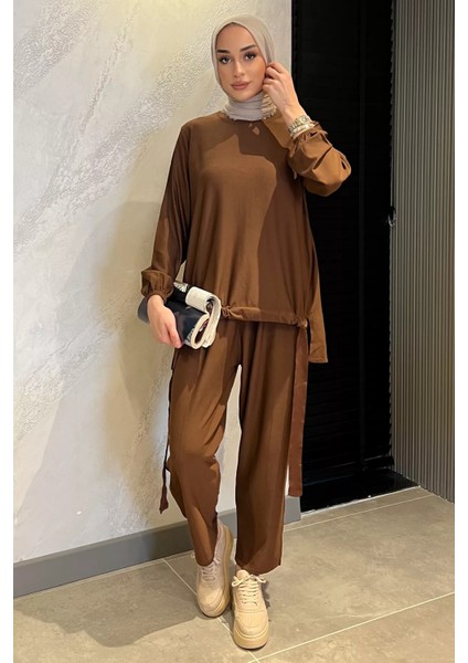 Kadın Etek Ucu Büzgülü Tunik Pantol Soğuk Iplik Ikili Takım