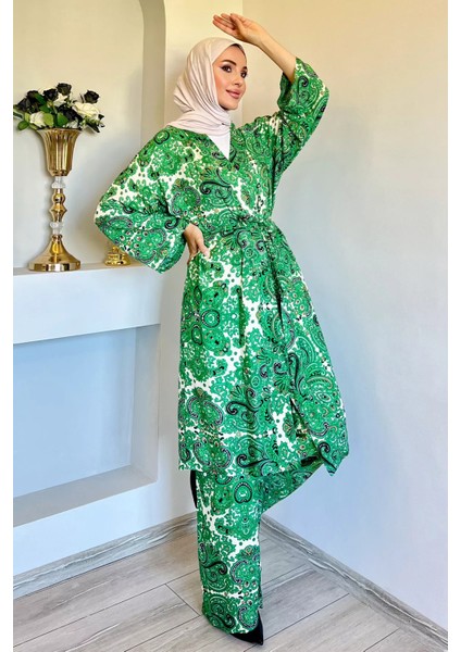 Desenli Tesettür Visk Kimono Ikili Takım