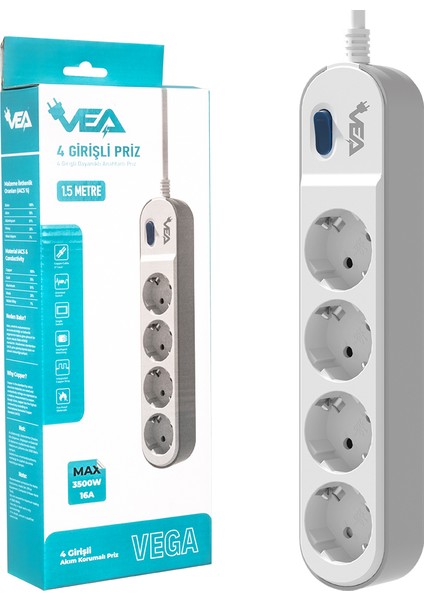 Ve-Vega104 A Class 4'lü Anahtarlı 1.5 Metre Akım Korumalı Grup Priz (4825)