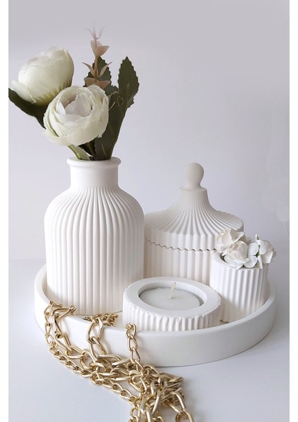 Minimal Beyaz Beton Dekoratif Set. Vazo, Sunum Tepsisi, Kapaklı Kutu, Mini Mumluk ve Mini Çiçeklik