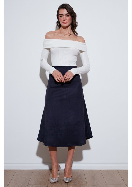 Streç Regular Fit Yüksek Bel Midi Boy Süet Çan Etek Bayan Etek 5866180