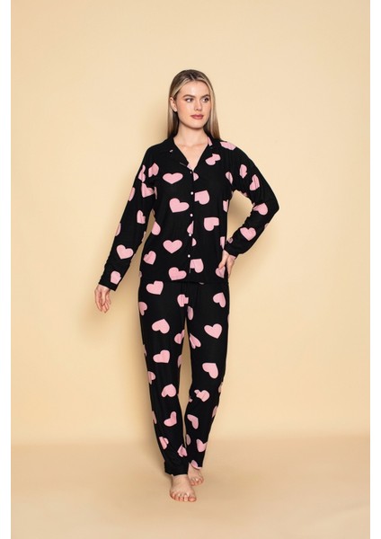 Kalp Desenli Gömlek Yaka Pijama Takımı