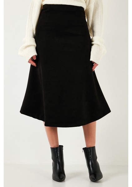 Streç Regular Fit Yüksek Bel Midi Boy Süet Çan Etek Bayan Etek 5866180