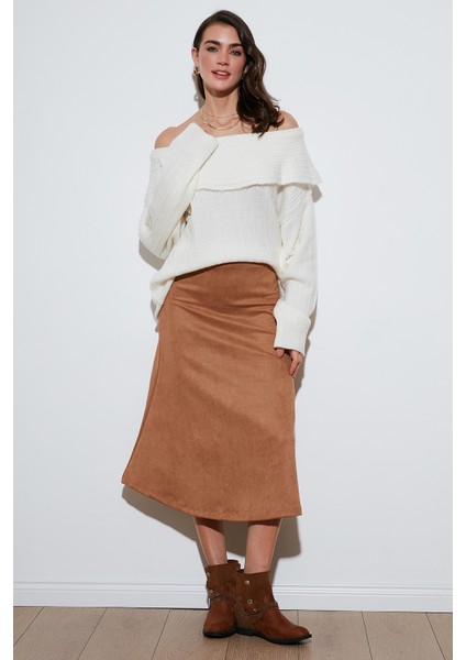 Streç Regular Fit Yüksek Bel Midi Boy Süet Çan Etek Bayan Etek 5866180