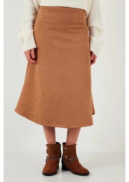 Streç Regular Fit Yüksek Bel Midi Boy Süet Çan Etek Bayan Etek 5866180