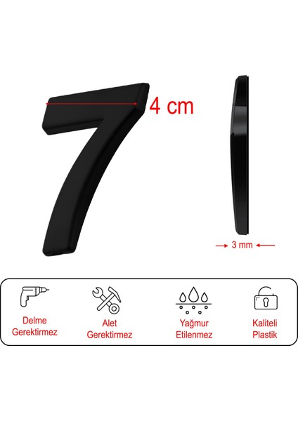 Yapışkanlı Kapı Numarası Küçük Boy 50 mm 5 cm Numara 7 Rakam Yedi Sayı Siyah Renk Numaralar 1 Adet modelleri