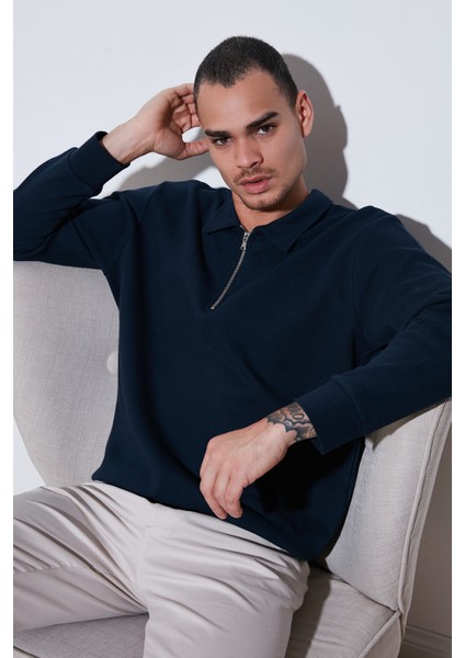 Pamuklu Regular Fit Yarım Fermuarlı Polo Yaka Sweat Erkek Sweat 5905805