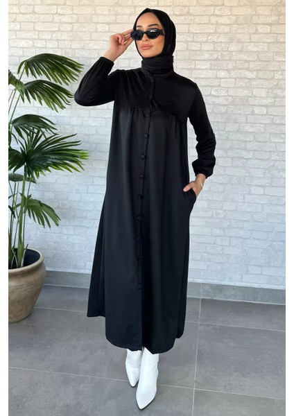 Boydan Düğmeli Cepli Tesettür Elbise