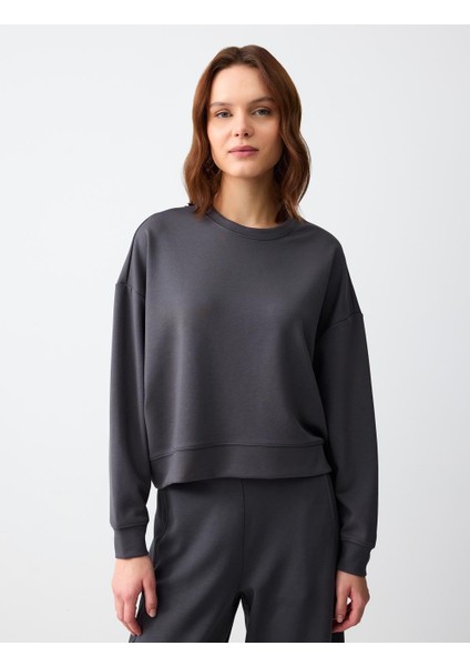 Antrasit Rahat Kesim Bisiklet Yaka Uzun Kollu Örme Sweatshirt