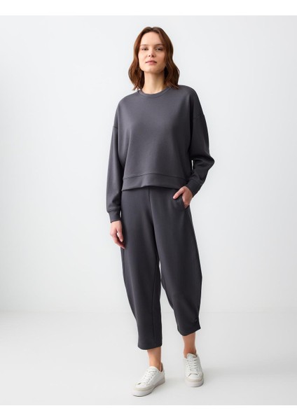 Antrasit Rahat Kesim Bisiklet Yaka Uzun Kollu Örme Sweatshirt