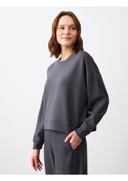 Antrasit Rahat Kesim Bisiklet Yaka Uzun Kollu Örme Sweatshirt