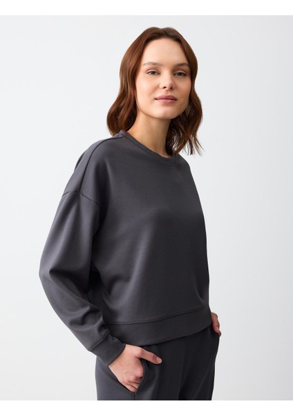 Antrasit Rahat Kesim Bisiklet Yaka Uzun Kollu Örme Sweatshirt