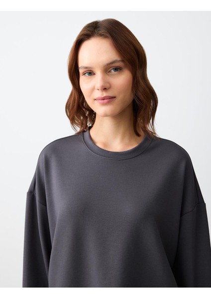 Antrasit Rahat Kesim Bisiklet Yaka Uzun Kollu Örme Sweatshirt