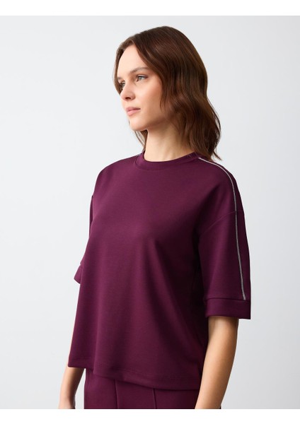 Sumak Bisiklet Yaka Düz Kesim Kısa Kollu Örme Sweatshirt