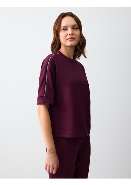 Sumak Bisiklet Yaka Düz Kesim Kısa Kollu Örme Sweatshirt