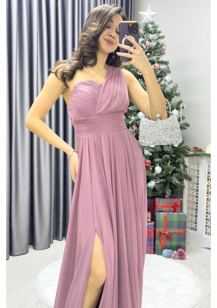 Kadın Tek Omuz Piliseli Kloş Abiye Elbise Lacivert, Siyah, Kırmızı, Zümrüt Yeşil, Gül Kurusu fiyatları