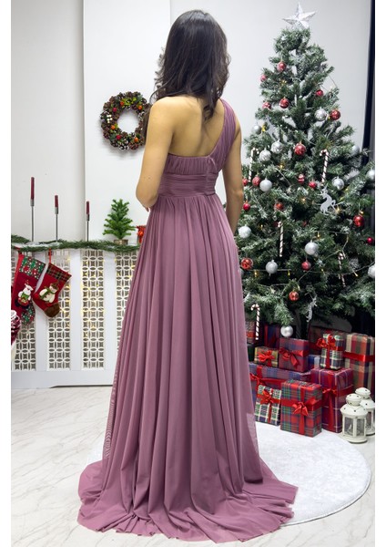 Kadın Tek Omuz Piliseli Kloş Abiye Elbise Lacivert, Siyah, Kırmızı, Zümrüt Yeşil, Gül Kurusu indirimleri