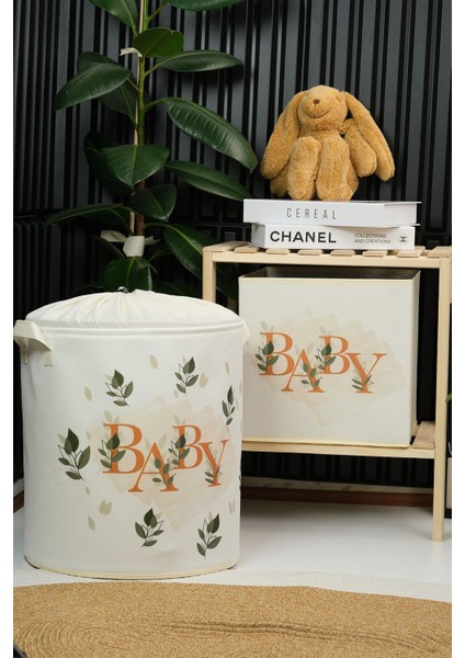 Baby Yazı Baskılı Silindir Ağzı Büzgülü Sepet ve Kapaksız Kutu 37 x 40-30 x 30