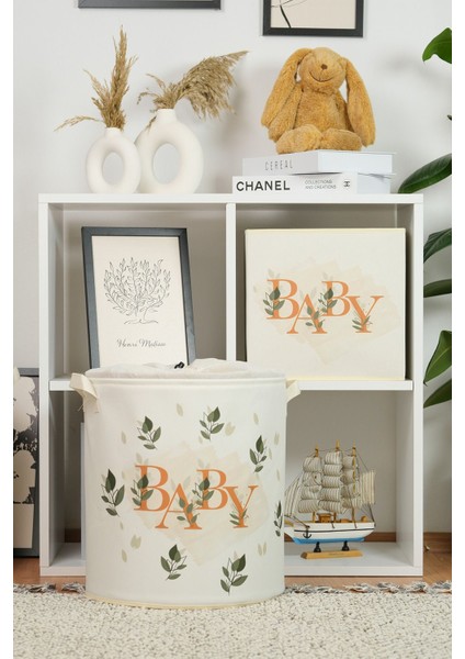 Baby Yazı Baskılı Silindir Ağzı Büzgülü Sepet ve Kapaksız Kutu 37 x 40-30 x 30 fiyatları