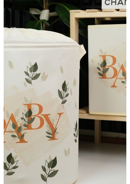 Baby Yazı Baskılı Silindir Ağzı Büzgülü Sepet ve Kapaksız Kutu 37 x 40-30 x 30 modelleri