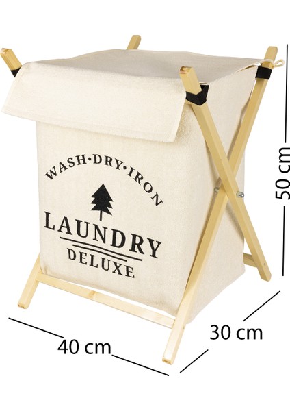 Laundry Baskılı Kapaklı Ahşap Destekli Kare Kıyafet Kirli Çamaşır Sepeti 40 x 30 x 50