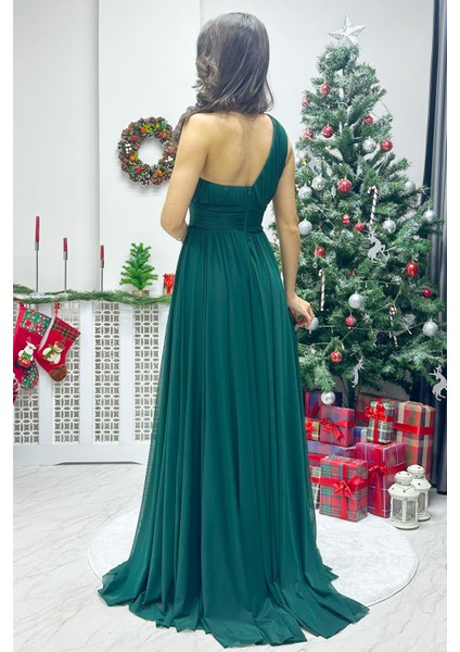 Kadın Tek Omuz Piliseli Kloş Abiye Elbise Lacivert, Siyah, Kırmızı, Zümrüt Yeşil, Gül Kurusu indirimleri